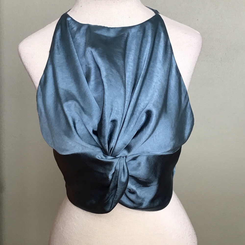 Olia Blue Satin Halter Twist Front Crop Top Women's Large